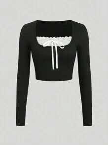 SHEIN Unity T-shirt casual à manches longues avec empiècement en dentelle et nœud devant pour femmes, printemps/été, Crop top noir à manches longues - Noir - Voir 1