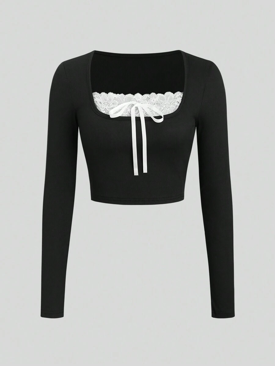 SHEIN Unity T-shirt casual à manches longues avec empiècement en dentelle et nœud devant pour femmes, printemps/été, Crop top noir à manches longues - Noir - Voir 1