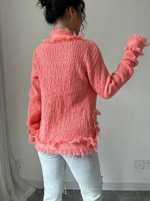 Elenzga Ladies' Long Sleeve Cardigan With Fringed Edges, Casual Holiday Fall Winter - Pink - View 3