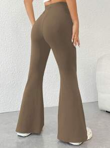 SHEIN Unity Pantalones acampanados de un solo color de uso diario simple para mujeres - Caqui - Ver 2