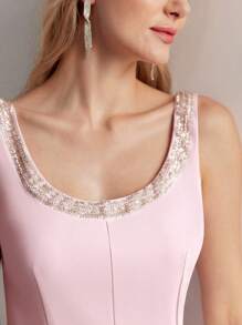 PREMIUM SCOOP NECK BEADED TRIM LOW BACK FLARE HEM MIDI DRESS, WOMEN OUTFIT - Pink - View 3