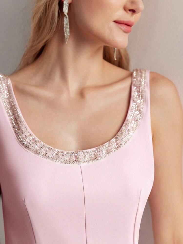 SCOOP NECK BEADED TRIM LOW BACK FLARE HEM MIDI DRESS, WOMEN OUTFIT