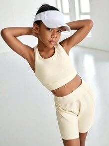 SHEIN Tween Girls Yoga Stretchy & Breathable Moisture Wicking Sleek Training Running Cycling Activewear Set, Beige - Khaki - View 1