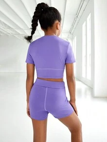SHEIN Tween Girl Purple Sports Set, Short Sleeve Quick Dry Active T-Shirt & Shorts, Running Outfit - Purple - View 2