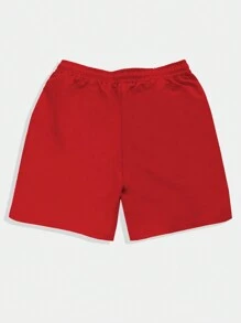 ROMWE MEN Street Life 男士抽绳腰休闲短裤，带字母心形印花和口袋，学校 - 紅色 - 查看 2