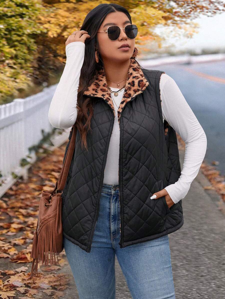 SHEIN VCAY Plus Size Leopard Print Warm Fleece Padded Vest Jacket For Holiday - Multicolor - View 1
