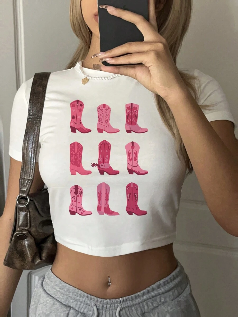 SHEIN EZwear 西部靴格纹休闲简约圆领短袖修身短款女式 T 恤，适合夏季 - 白色 - 查看 1
