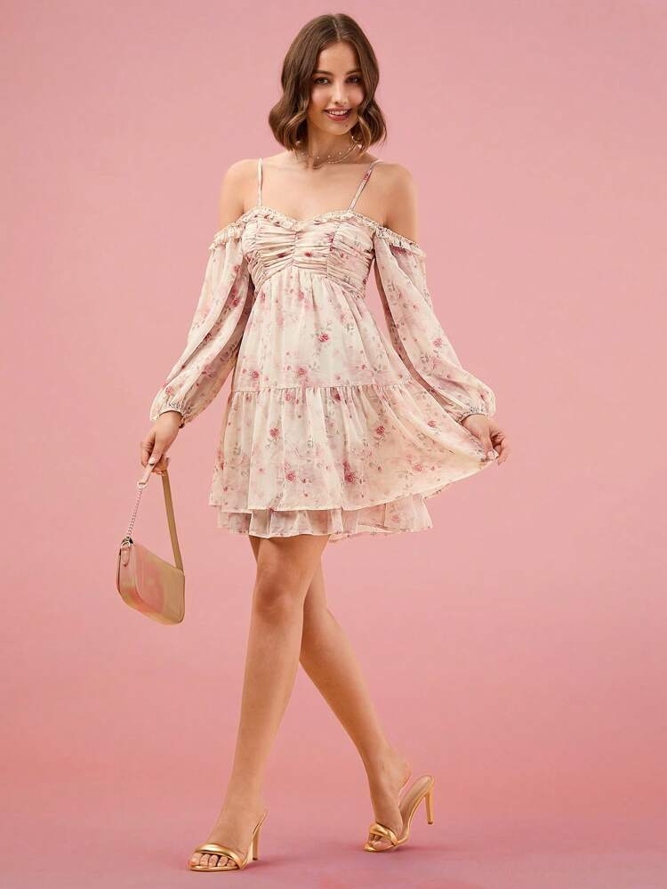 여성용 오픈 숄더 데일리 웨어 심플 프린트 드레스 (랜덤 패턴)