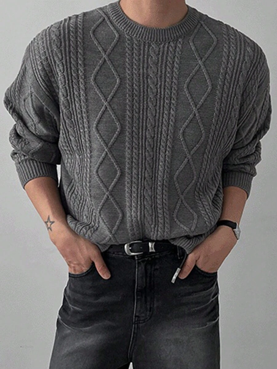 DAZY 男士純色簡約日常穿搭長袖毛衣,秋季 - 灰色 - 查看 1