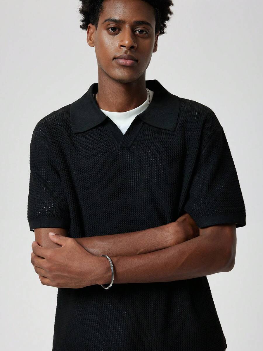 Forever 21 Men's Textured Knitted Polo In Black - Black - View 1