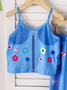 Girls' Beach Vacation Printed Top + Printed Jeans Set - Blue - View 6