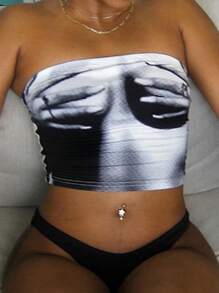 SHEIN SXY 女士簡單印花無肩帶上衣 - 黑與白 - 查看 2