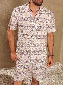 Manfinity RSRT Men Summer Allover Print Button-Front Short-Sleeve Shirt And Shorts Casual Set - White - View 5