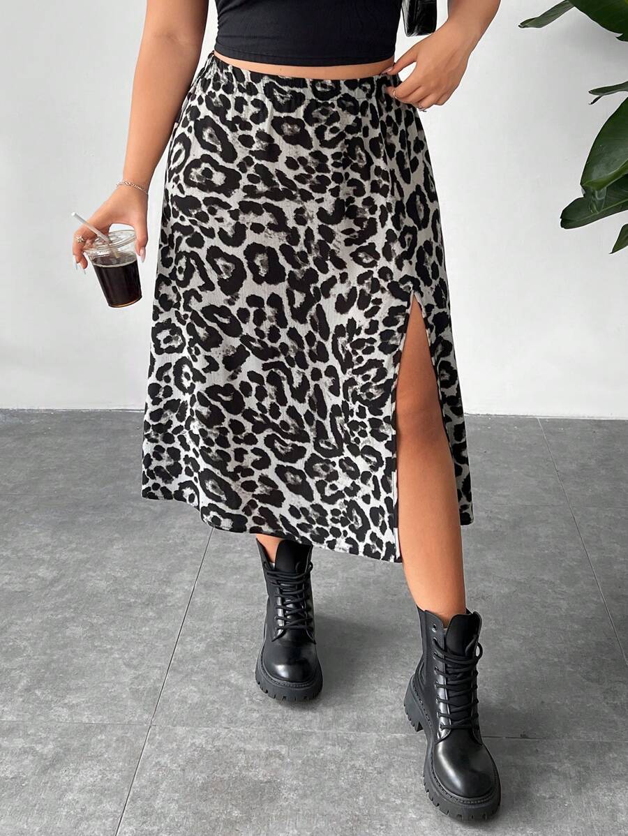 SHEIN EZwear Plus Size Women's Leopard Print Elastic Waist Slit Skirt - Grey - View 1