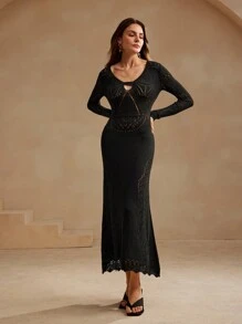 Anewsta Váy dệt kim hở lỗ cutout thanh lịch - màu đen - Xem 6