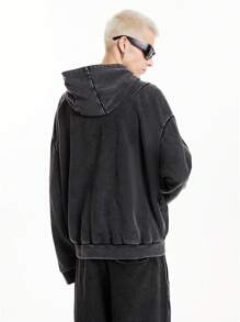 Manfinity RebelGame Sweat-shirt à capuche avec fermeture éclair pour homme, Streetwear tricoté avec Logo de flocon de neige imprimé, surdimensionné, épaules tombantes, pour automne/hiver - Noir - Voir 2