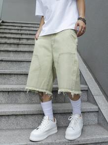 Manfinity Roghcode 男士时尚宽腿牛仔短裤，带磨边设计，外出纯色 Jorts 薄荷绿色超大牛仔短裤，适合丈夫、男朋友的礼物