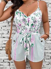 SHEIN Clasi 大尺碼度假休閒植物印花條紋細肩帶連身褲 - 彩色 - 查看 5