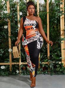 Maweii Plus Size Women Summer Fashionable Printed One Shoulder Dress