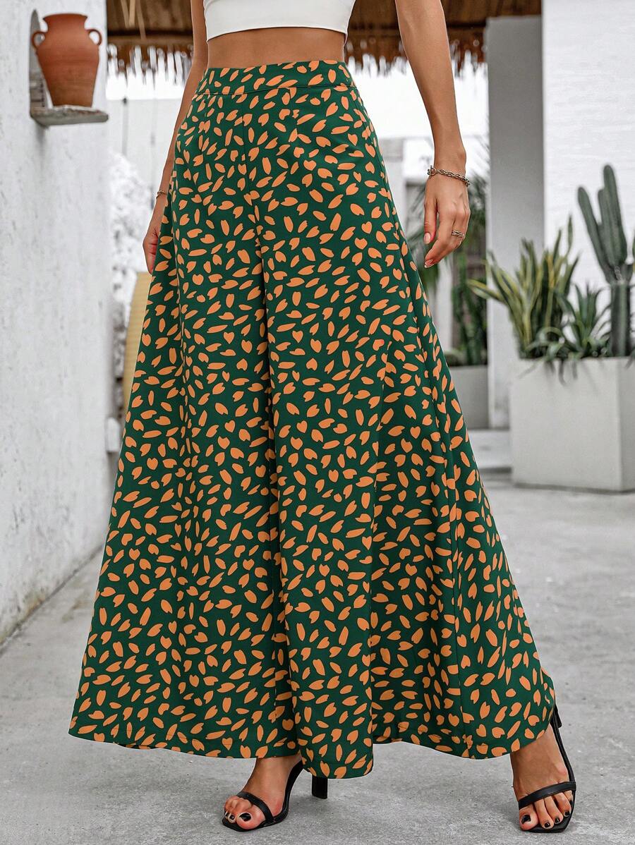 SHEIN LUNE 女士高腰寬腿鬆身休閒長褲，隨機印花設計可裁剪 - 綠色 - 查看 1