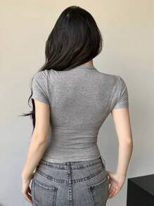 DAZY Women's Summer Solid Color Half-High Collar Drawstring Short Sleeve T-Shirt