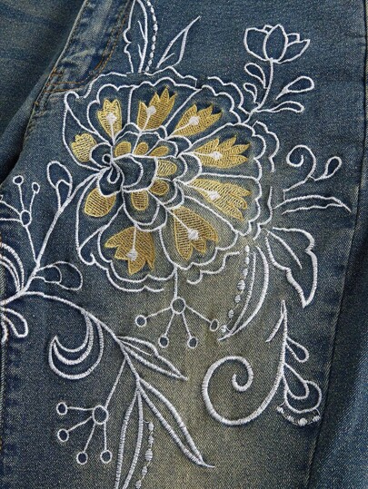 Hippie Vintage Hippie Flower Cluster Embroidery Flared Jeans, School