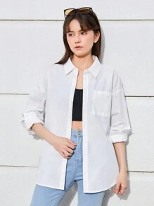 SHEIN Leap Crew Teen Girls Drop Shoulder Button Front Shirt - White - View 1