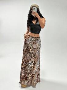 SHEIN EZwear Women's Vintage Back To School Leopard Print Low Waist Long Skirt, Street Style And Versatile - Brown - View 7