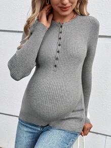 SHEIN Maternity Spring/Autumn Casual Solid Color Half-Zip Slim Fit Sweater, For Winter