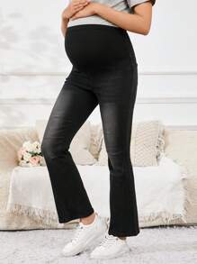 SHEIN 孕婦可調腰休閒喇叭牛仔褲，多功能 - 黑色 - 查看 4