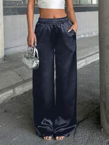 EURMUSE Satin High Waist Wide Leg Pant - Aquarius Blue - View 3