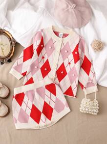 This Unique Design Baby Girls' Outfit For Autumn And Winter Features A Hand-Crocheted Diamond-Shaped Floral Pattern, Which Presents A Playful And Lovely Style. The Set Includes Shorts And A Long-Sleeved Top, Suitable For Outerwear In Autumn And Winter, Both Warm And Stylish. The Simple Style Shows A Sweet Atmosphere, Soft Material And Loose Design, Making The Baby More Comfortable To Wear. The Sweater Has Good Warmth Retention And Can Keep The Baby Warm In Cold Weather. The Overall Outfit Not Only Has The Characteristics Of Cute And But Also Shows The Combination Of Comfort And Fashion. It Is An Ideal Choice For Babies' Daily Wear, Allowing Them To Maintain A Fashionable And Innocent Image While Being Comfortable. - Red - View 1