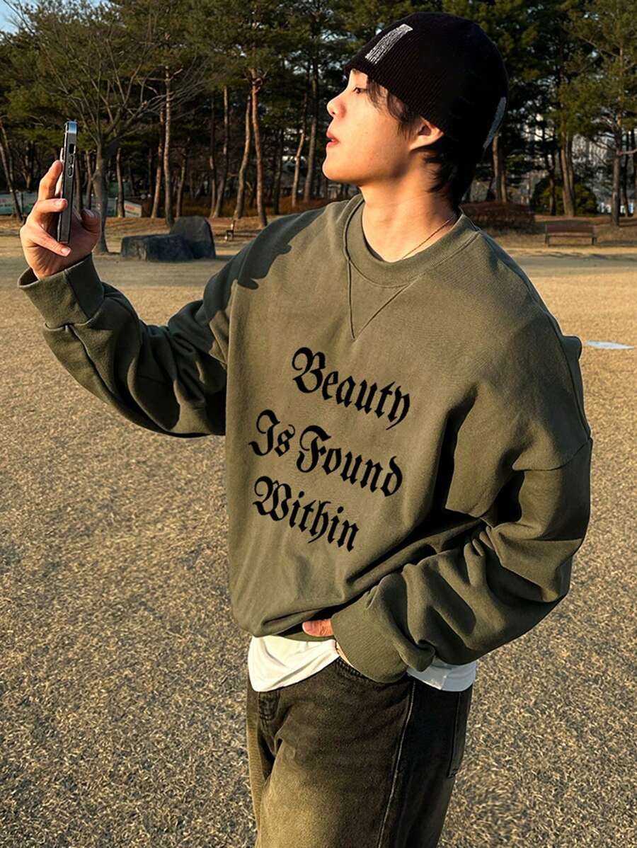 DAZY Men's Autumn Letter Print Pullover Sweatshirt - Green - View 1