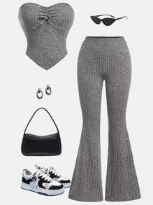 SHEIN Teen Girls Gray Knitted Ribbed Texture Crop Top With Wrinkle Detailing And Flared Pants Casual Two-Piece Set - Grey - View 1