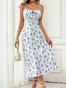 Pariaura 花朵全印花細肩帶裙，前扣帶，後拉鍊及褶紋細節，長及踝，適合休閒假日 - 白色 - 查看 3