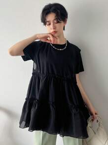 FRIFUL 女士纯色圆领荷叶边下摆短袖衬衫（夏季） - 黑色 - 查看 4