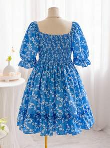 Soleia Robe d'été décontractée en grande taille pour femmes, avec col en V, manches bouffantes, empiècement en dentelle, taille marquée, jupe plissée et imprimé floral