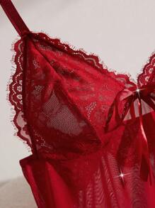 SHEIN 2 件套女士性感蕾丝撞色网眼无线内衣睡裙和丁字裤 - 酒紅色 - 查看 5