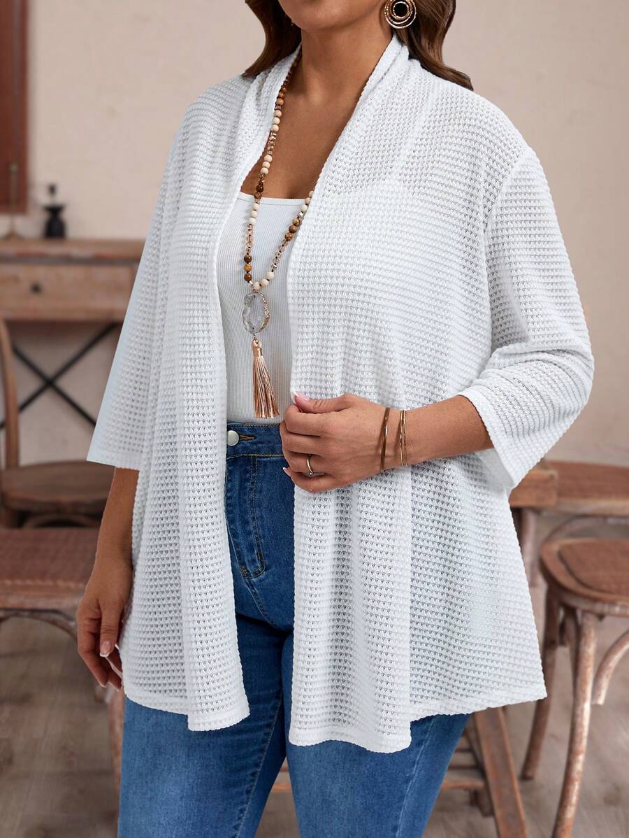 EMERY ROSE Plus Size Women's Spring And Autumn Solid Color Loose Open Front Casual Jacket With 3/4 Sleeves Winter Fall