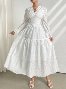 Modelyn Đầm dài tay mùa hè thêu khoét cổ chữ V màu trơn cho nữ, váy đi nghỉ/hàng ngày thoải mái giản dị - trắng - Xem 5