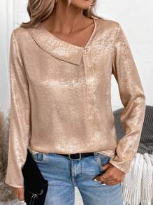 EMERY ROSE Fall Outfits Coated Shiny Asymmetrical Collar Long-Sleeved Shirt - Gold - View 3