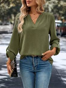 SHEIN LUNE Women's Spring Autumn Casual Solid Color Notched Collar Roll-Up Sleeve Shirt - Dark Green - View 5