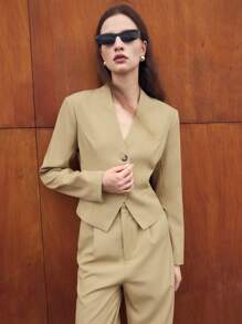 BizChic Americana elegante con botones, cuello en V y manga larga para mujer, estilo de negocios para la conmutación y moda carismática - Albaricoque - Ver 3