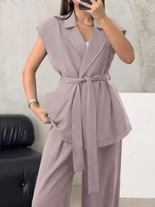 Chiquease Áo blazer thắt lưng có cổ ve áo - Cà phê nâu - Xem 4