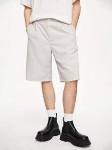 Chillumni Nam Màu Trơn Vừa Vặn Vừa Vặn Quần Short Xếp Ly Thường Ngày Quần Baggy Đi Học Quần Kaki - Xám - Xem 1