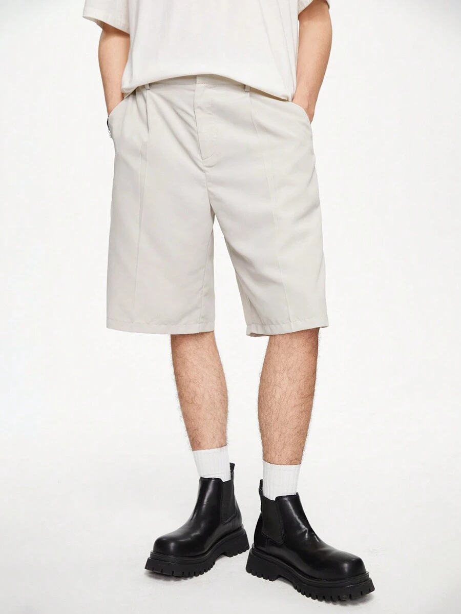 Chillumni Nam Màu Trơn Vừa Vặn Vừa Vặn Quần Short Xếp Ly Thường Ngày Quần Baggy Đi Học Quần Kaki - Xám - Xem 1