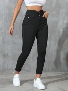 Pantalones largos, informales y de cintura alta para mujer, de unicolor y ajustados