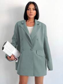 SHEIN Cottnline 女士簡約優雅的V領雙排釦西裝外套 - 薄荷綠 - 查看 3
