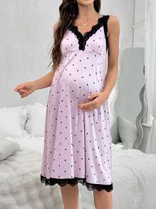 Moonlight&Mama Maternity Color-Blocked Lace Polka Dot Printed V-Neck Pajama Night Dress With Straps - Baby Pink - View 3