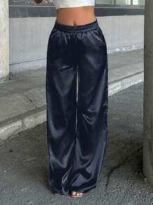 EURMUSE Satin High Waist Wide Leg Pant - Aquarius Blue - View 7
